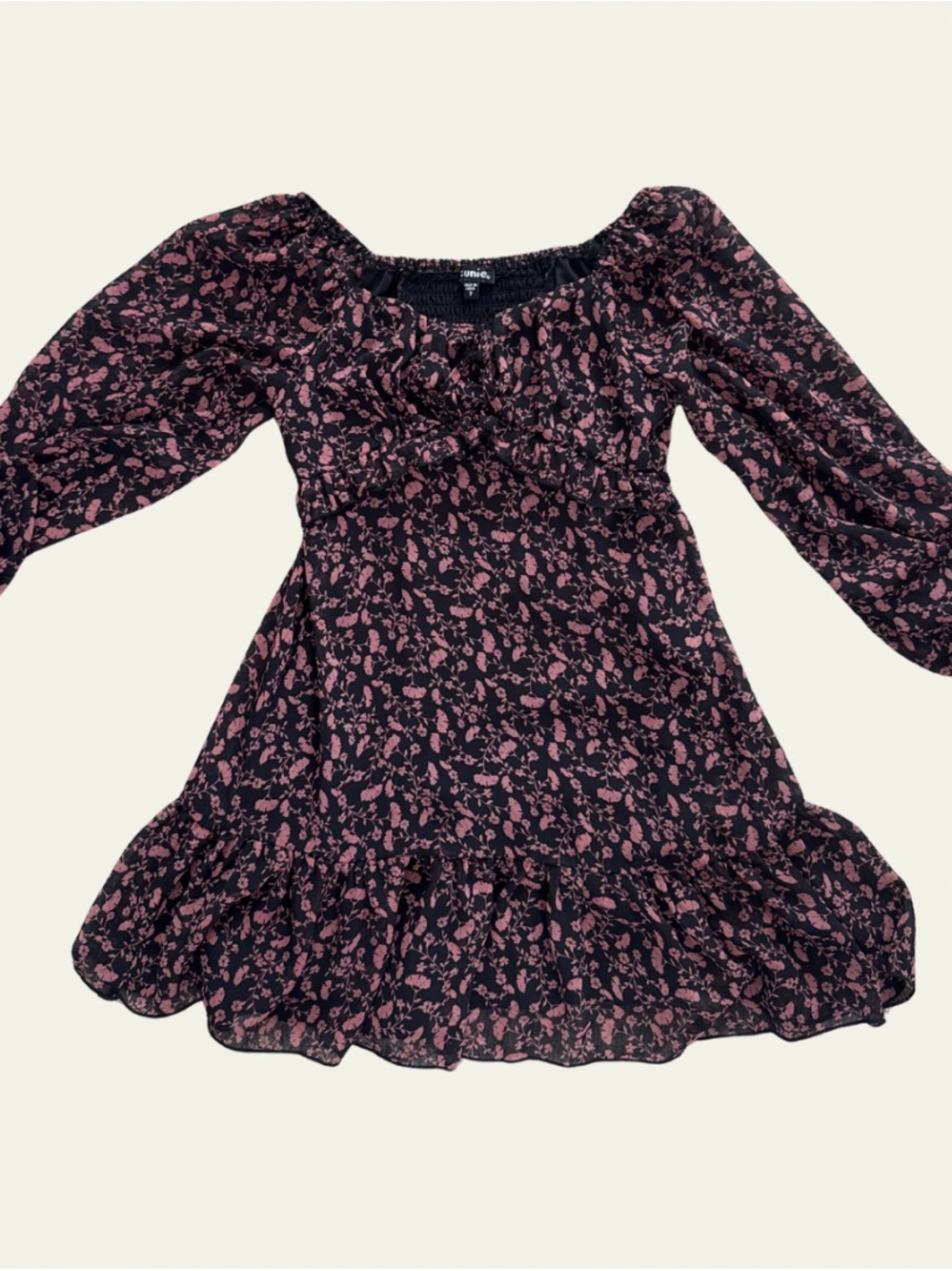 Zunie Black Dress with Pink Floral Print - Long Puff Sleeves